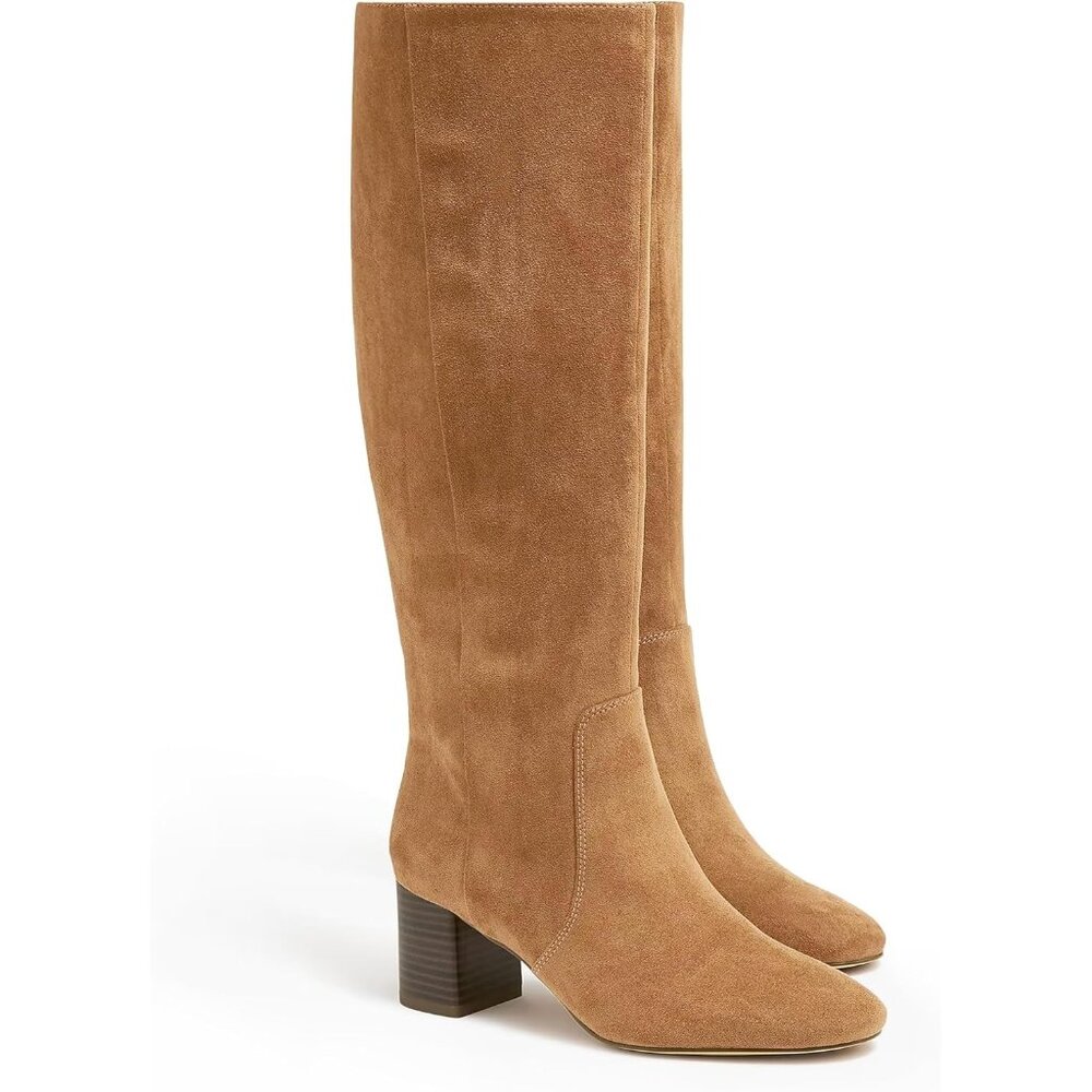 Women's Light Brown Chunky Heel Knee High Boots Suede Round Toe Fall Winter Tall - Picture 1 of 6